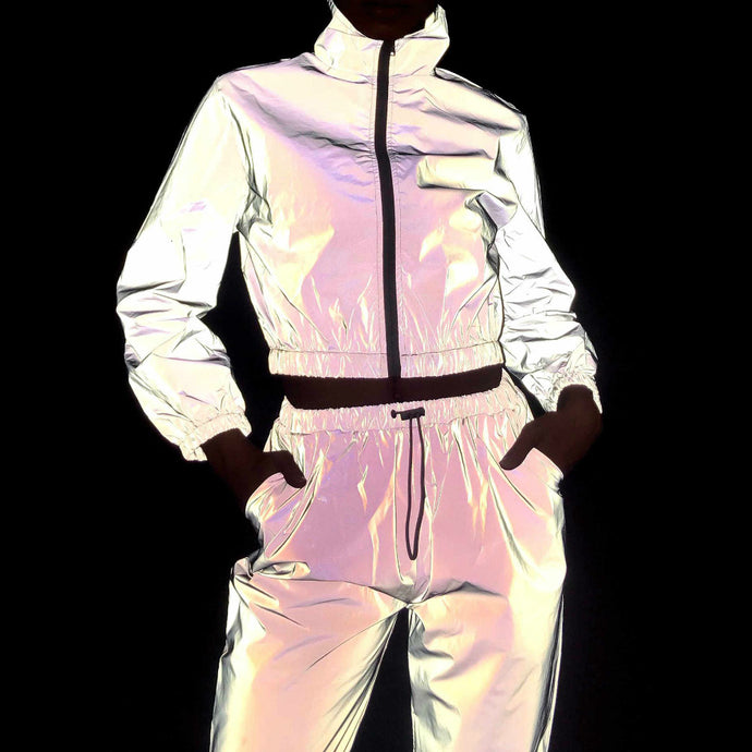 Women Tracksuit 2 Piece Set Hip Hop Reflective Crop Top Pants Fashion Female Loose Zipper Jacket Coat Matching Sets Plus Size