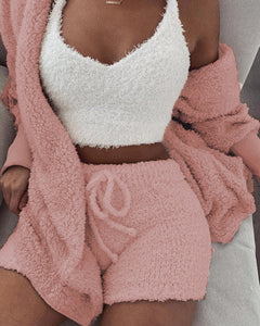 2019 Women Two Piece Set Outfits Autumn Winter Fluffy Hooded Open Front Teddy Coat & Short Sets