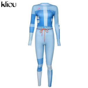 Kliou women fitness two pieces set tracksuit long sleeve crop top letters print elastic skinny leggings sportswear slim outfit