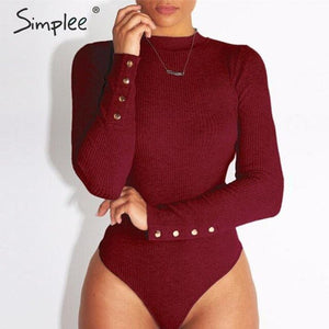 Simplee Elegant knitted bodysuit women Casual long sleeve button female jumpsuit romper Autumn winter slim ladies overalls 2019